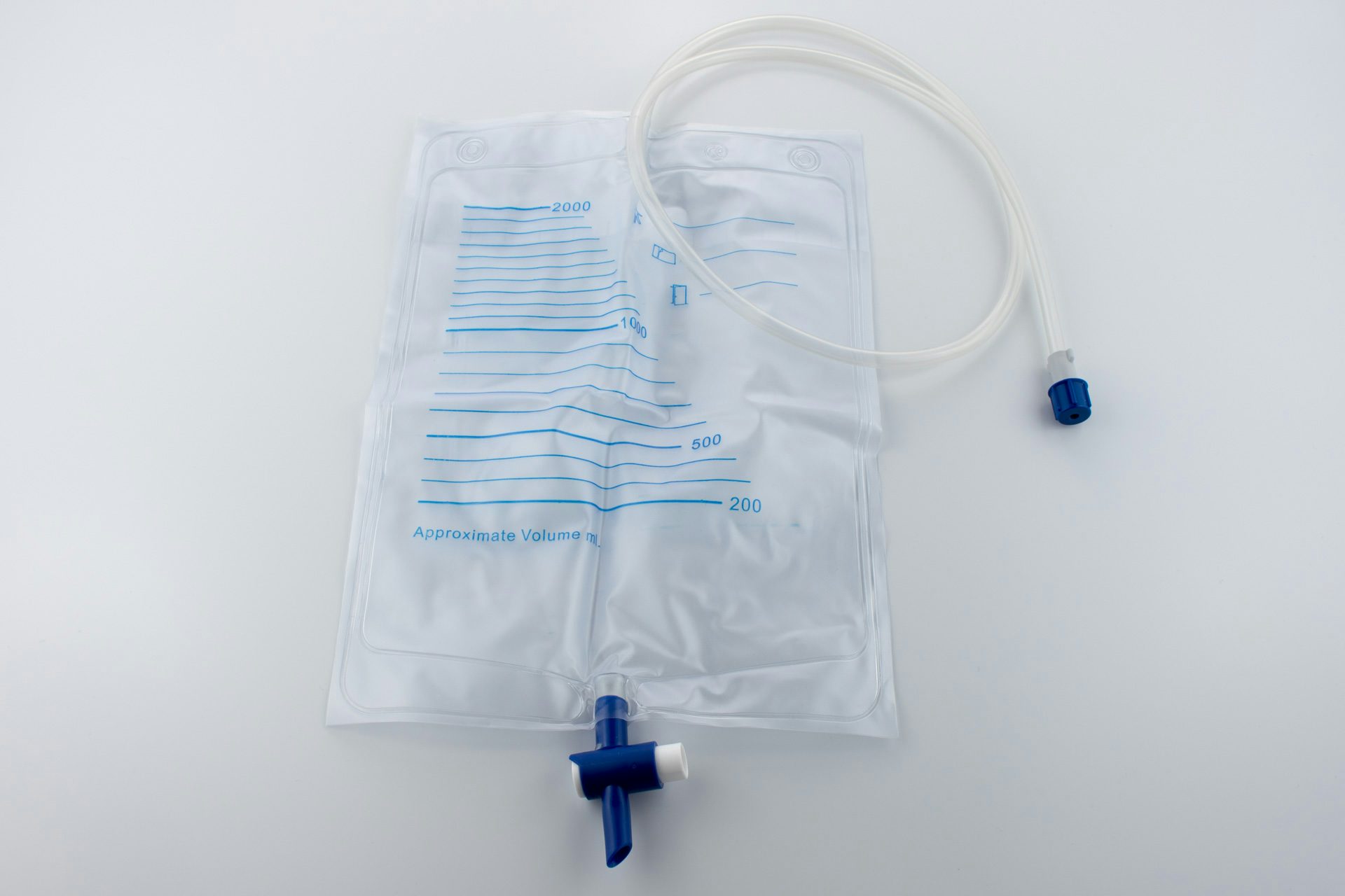 UK urine bag, 2000 ml, 900 mm, NRV, bottom drain valve, universal